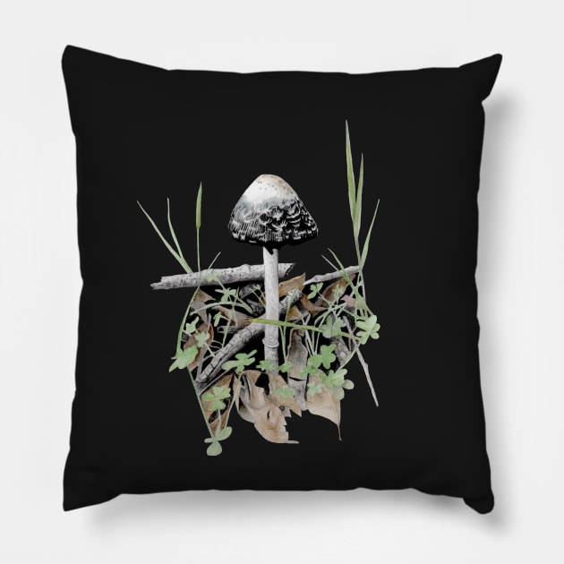 Shaggy Mane Mushroom Pillow by CoffeeberryArt