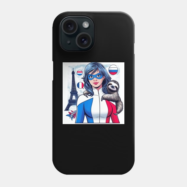 Francais: Female 80's Comic Book Hero with Sloth Phone Case by Woodpile