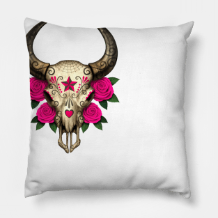 Bull Sugar Skull with Pink Roses Pillow