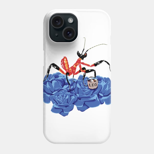 Original Red and Black Ant Praying Mantis on blue-violet rose buds sipping on some Tea. Phone Case by LegCup