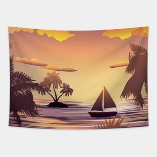 Tropical Island and Sailboat at Sunset Tapestry