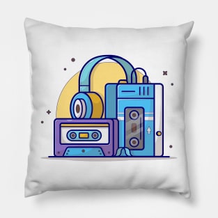 Old Music Player with Cassette and Headphone Music Cartoon Vector Icon Illustration Pillow