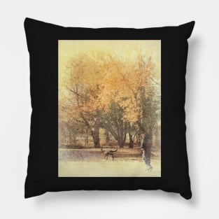 Walking The Dog Autumn Scene Pillow