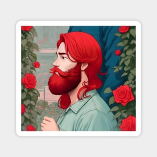 red hair beard guy in flower garden sticker Magnet