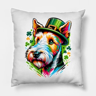 Wire Fox Terrier Dons Leprechaun Hat for St Patrick's Day Pillow