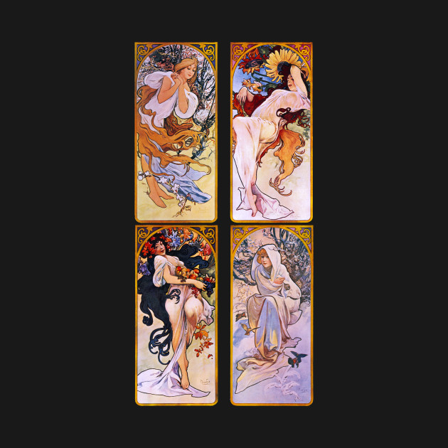 Disover Four Seasons Mucha Art Nouveau 4 Seasons Beautiful Women Art Gift - Art Nouveau Design Gifts - T-Shirt