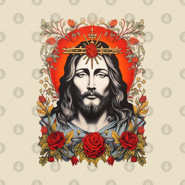 Vintage Retro Jesus Lithograph Portrait by AI Art Originals