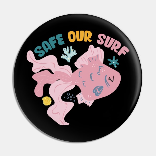 Safe our Surf quote with cute sea animal fish, starfish, coral and shell aesthetic pastel color illustration. Pin by jodotodesign