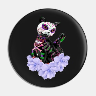 Day Of The Dead Sugar Skull Cat Purple Flowers Pin