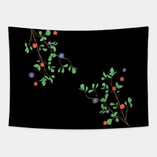 Delicate Minimalistic Branches with Leaves and Flowers | White BackgroundDelicate Minimalistic Branches with Leaves and Flowers | Black Background Tapestry