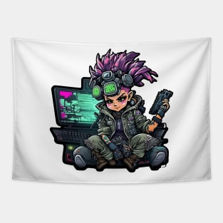 Cartoon Cyber Punk Girl with Futuristic Computer Tapestry