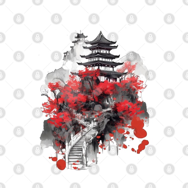 Japanese anchient building in watercolor style by TeePulseMania