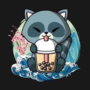 Boba Tea Raccoon Japanese Great Wave Kanagawa T-Shirt
