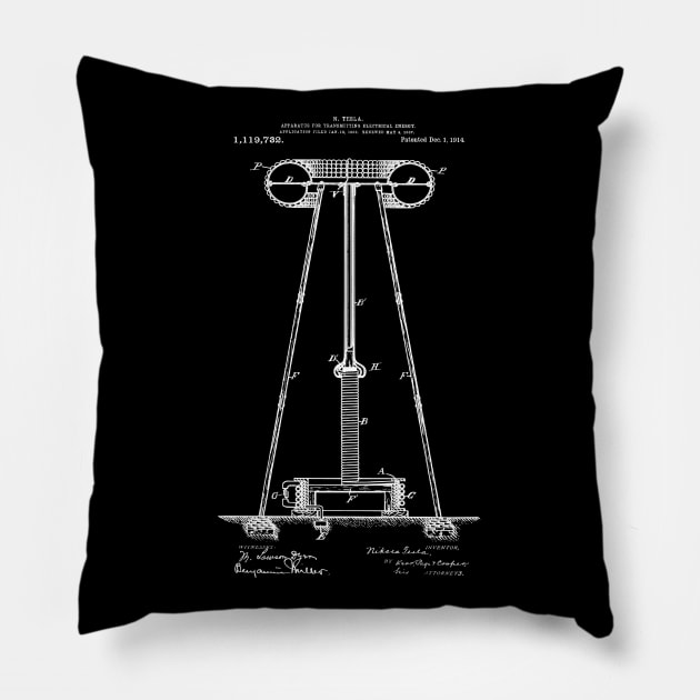 Nikola Tesla Electrical Energy Transmission Tower Patent Print 1914 Pillow by MadebyDesign