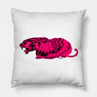 pink wild mexican king tiger in ecopop with totonac magical patterns in floral folk art Pillow