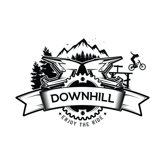 Downhill mountain bike badge with full face helmet and mountains. Enjoy The Ride. by Hoyda