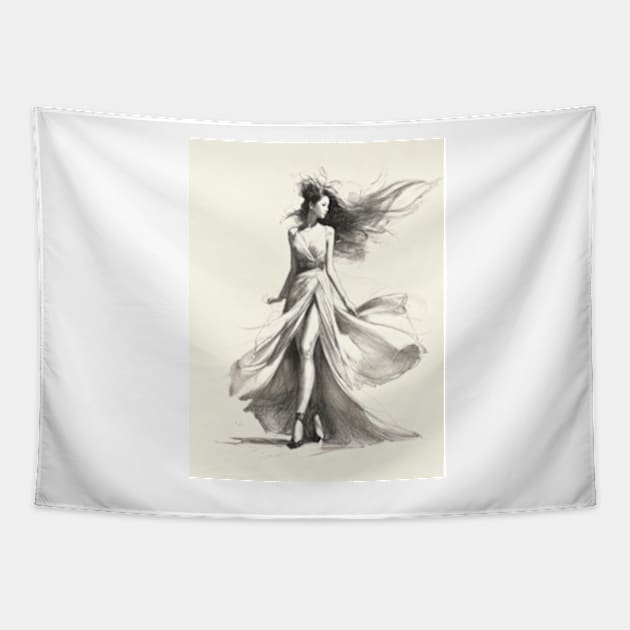 Fashion Woman Sketch Art Tapestry by ArtFactoryAI