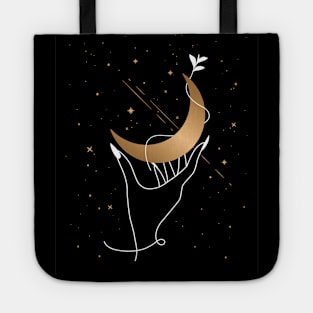 Witchy decor, Moon print, Halloween, Celestial art, Hand holding the moon, Black gold art, Gothic Tote