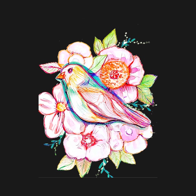 floral bird illustration with rainbow colors, peonies, pink flowers, pink bird, cute illustration by chandelier2137