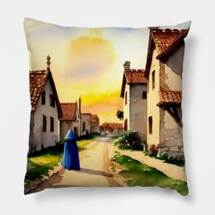 A blue-cloaked figure walking in a medieval village Pillow