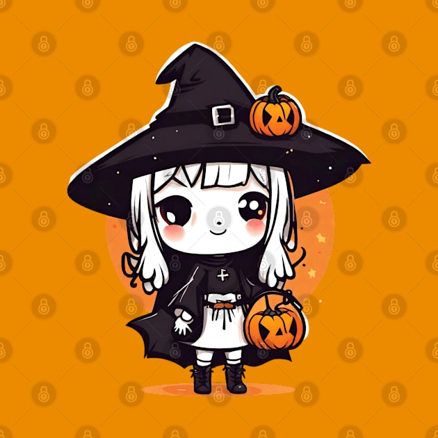 Witchcraft cute anime characters Chibi style with pumpkin Halloween by Whisky1111