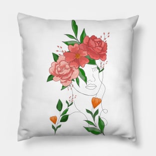 woman face and flowers, botanical art, minimal art, line art Pillow