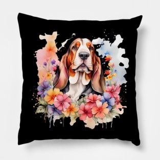 A basset hound decorated with beautiful watercolor flowers Pillow