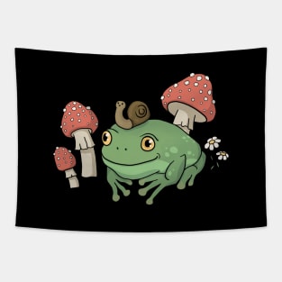 A Cute Cottagecore Aesthetic with a Frog Wearing a Snail Hat and Mushroom Tapestry