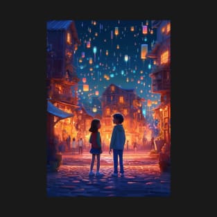 boy and girl in a beautiful fairy tale city T-Shirt