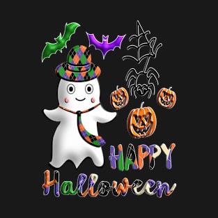 Pumpkin dad ghost Kawaii bat spider Happy Halloween violet orange black dots ribbon 3D tridimensional 320 T-Shirt