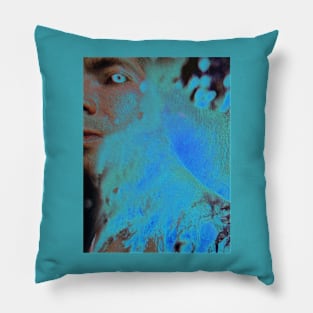 Portrait, digital collage, special processing. Men looking. Behind light. Very grainy on close, but so beautiful. Aquamarine soft. Pillow