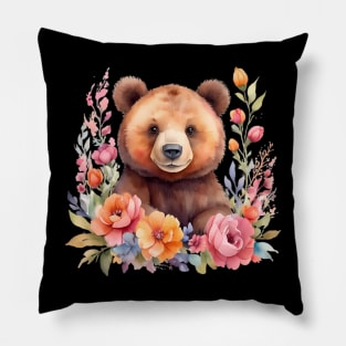 A brown bear decorated with beautiful watercolor flowers Pillow