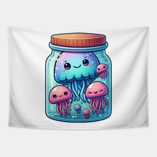 Cute Jellyfish in a Jar Illustration Tapestry