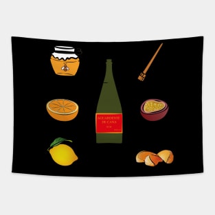 Madeira Island Poncha icons: fruits, aguardente de cana/rum, honey and traditional stirring stick Tapestry