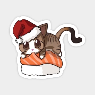 Brown Stripped Cat Salmon Sushi Christmas Magnet