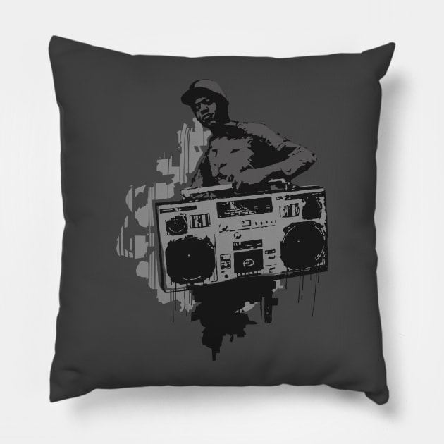 BoomBox Kid Gray Pillow by KORAX