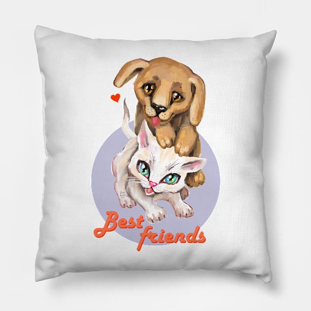 Cute small cat and dog. Sweet little baby pets. Kitten and puppy friends. Pillow by Rukki Zukki Art