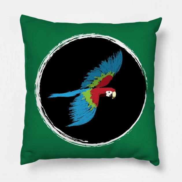 Artwork of Scarlet Macaw Parrot in Flight II Pillow by JDHegemann