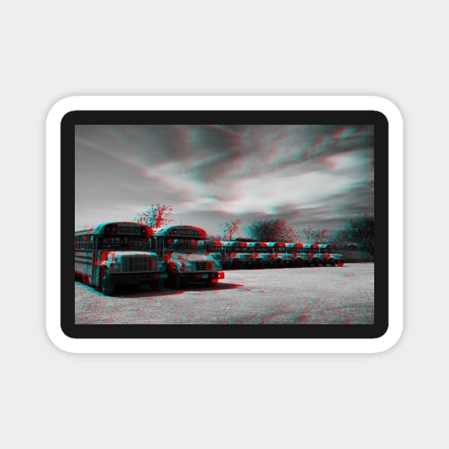 Anaglyph image of School buses waiting in a parking lot in Brooklyn, New York City Magnet by Reinvention