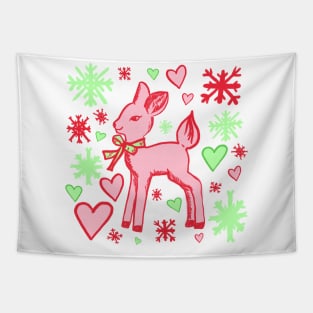 Retro Baby Deer in Red and Green with Hearts and Snowflakes Tapestry