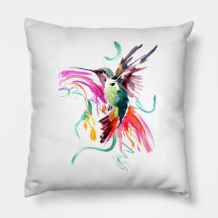 Flying Hummingbird and Abstract Flowers, Turquoise, pink watercolor bird artwork Pillow