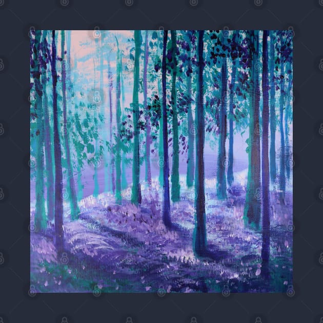 Impressionist nature dreamy landscape sunlight misty forest teal purple trees by Tina