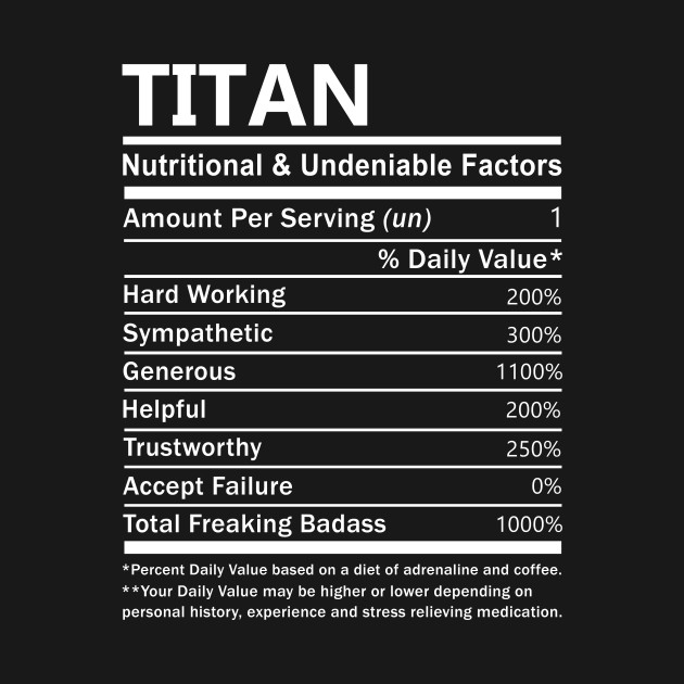 Discover Titan Name T Shirt - Titan Nutritional and Undeniable Name Factors Gift Item Tee - Titan - T-Shirt