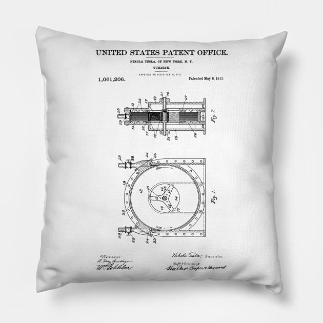 Tesla Turbine Patent Black Pillow by Luve