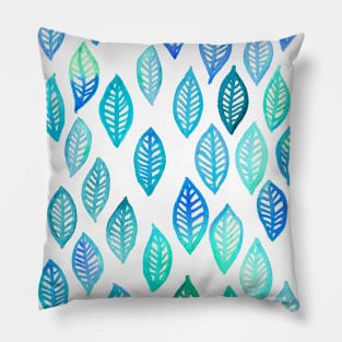 Watercolor Leaf Pattern in Blue & Turquoise Pillow