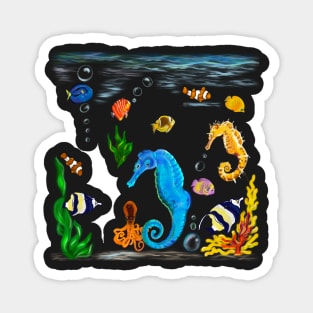 Best fishing gifts for fish lovers 2022. Seahorse and friends Coral reef fish rainbow coloured / colored fish swimming under the sea Magnet