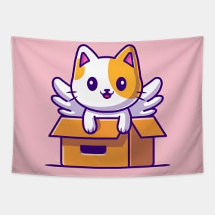 Cute Cat Unicorn Play In Box Cartoon Tapestry