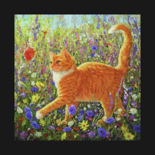 Cute orange cat walking in the flowers, funny cats lovers T-Shirt