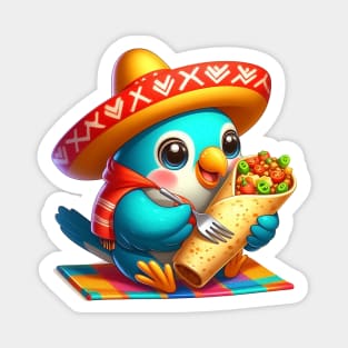 cute love birds are eating Mexican specialties, Tacos, Burritos, Enchiladas, Quesadillas, Guacamole, Fajitas, Chiles Rellenos, Tamales, Mole, Chilaquiles, Magnet