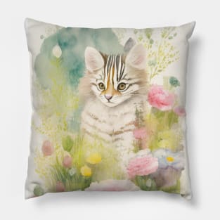 Watercolour painting of striped cat in th flower garden Pillow